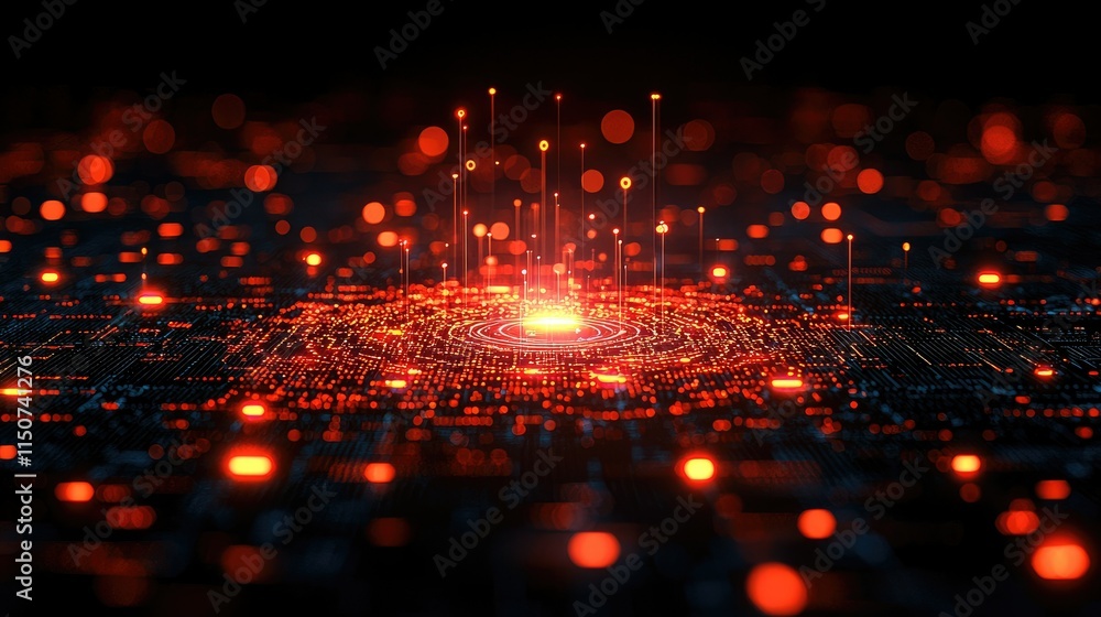 Poster abstract digital representation with glowing elements on a circuit-like background.