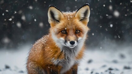 Fototapeta premium Cute adorable fox in a winter landscape: a fluffy little one sits on the snow, surrounded by snowflakes, creating an atmosphere of coziness and tranquility.