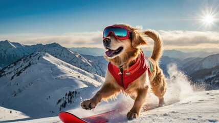 A funny dog in a ski suit and goggles rides a snowboard down the mountain, showing style and speed!