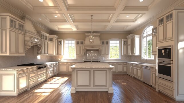 Elegant kitchen design with coffered ceiling, island, and hardwood floors.