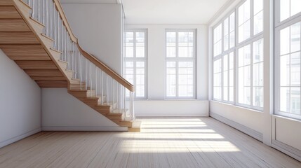 Obraz premium Bright Modern Interior with Elegant Wooden Staircase and Windows