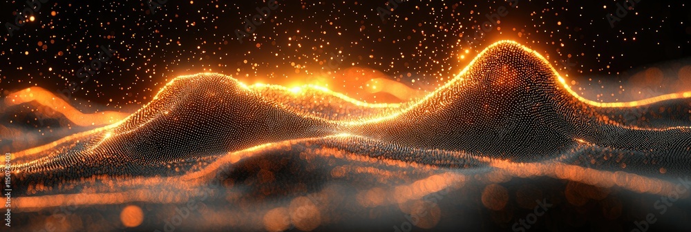 Poster abstract representation of glowing hills with sparkling particles and light effects.