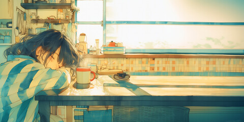 朝、寝起きにスープを飲む少女。水彩画。イラスト。