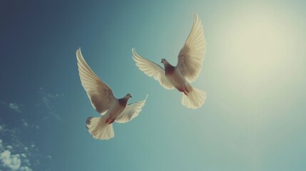 Obraz premium Two White Doves Flying Against a Bright Sky and Sunlight