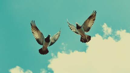 Obraz premium Two Birds Flying Against Bright Blue Sky with Fluffy Clouds