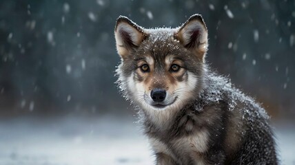 Obraz premium Cute adorable wolf in a winter landscape: a fluffy little one sits on the snow, surrounded by snowflakes, creating an atmosphere of coziness and tranquility.