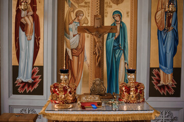 Ornate Orthodox Church Altar with Religious Icons and Cross