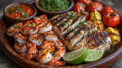 A gourmet tropical seafood platter with cooked crab, grilled fish fillets, and sautÃ©ed shrimp, served with a side of roasted tropical vegetables and lime wedges
