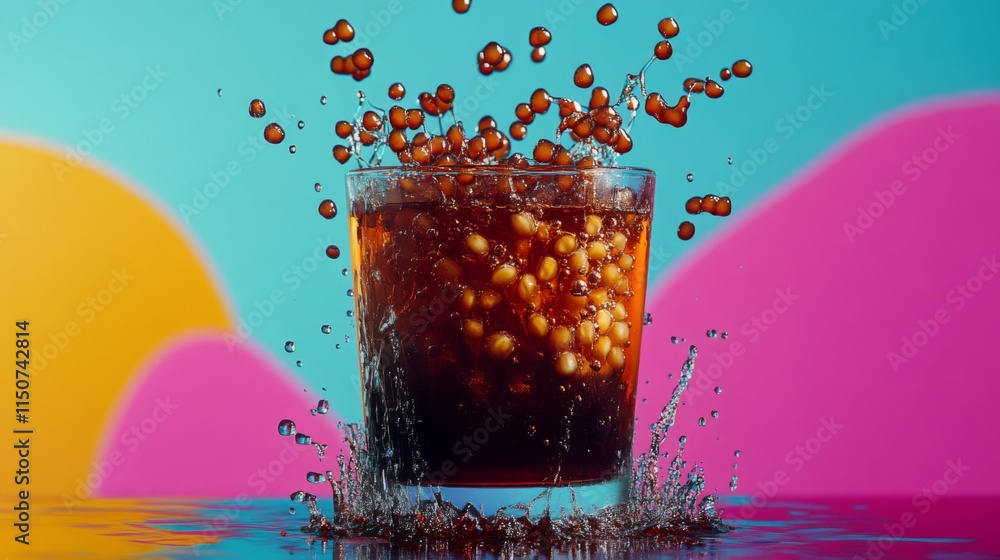 Poster bubbles splashing in a glass of dark beverage with colorful background