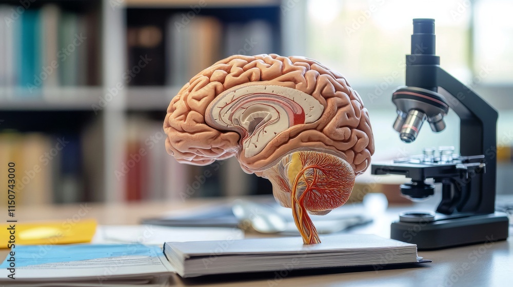 Poster human brain model with microscope on a desk in study environment