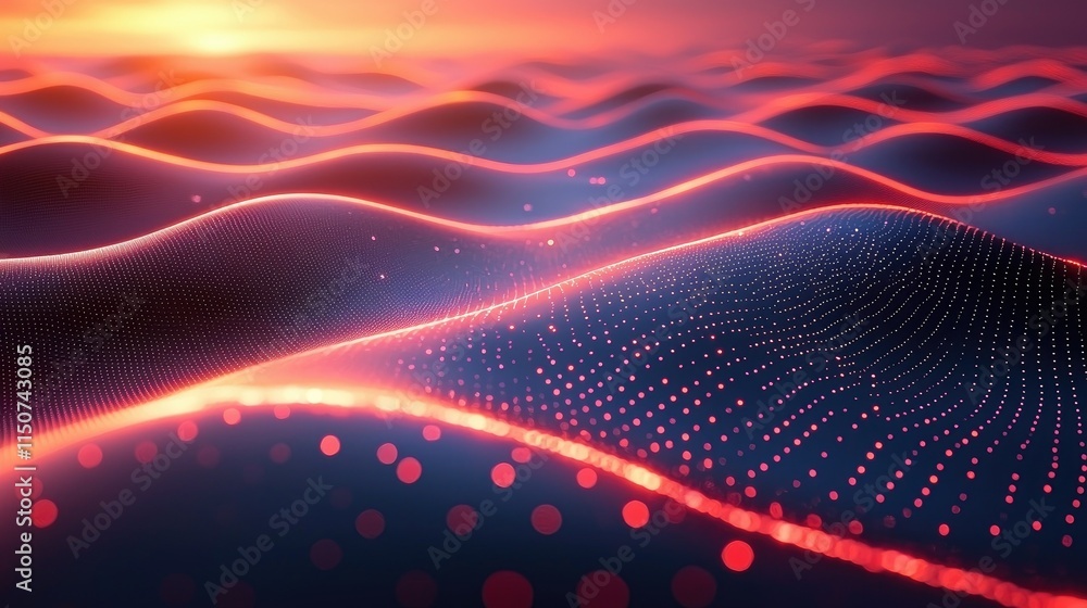 Poster abstract visualization of waves with glowing lines and dots, evoking a digital landscape.