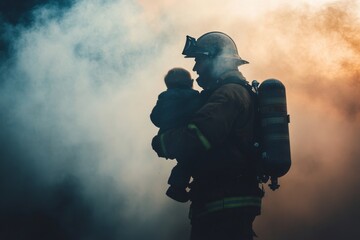 Fototapeta premium Firefighter carrying a child through smoke during a rescue operation in an emergency situation