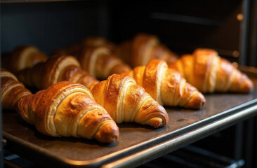 Fresh croissants in the oven. Hot French pastries in the bakery.