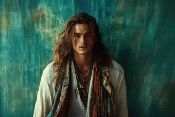 Fototapeta premium A young man with long hair and layered accessories poses against a textured backdrop.