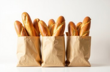French baguettes in brown paper bags on white background. Bread on white background. Bakery. Fresh pastries on white background.