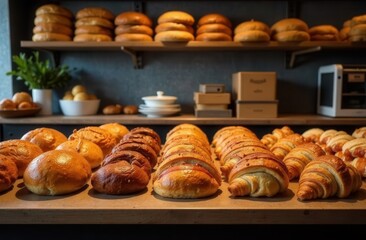 Fresh pastries in the bakery. French croissants in the boulangerie. Sale of bread and rolls. Bakery inside. Bakery display window.