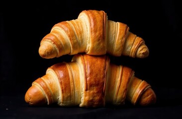 Croissant on a black background. Croissants on top of each other on a plain background. Fresh French bakery. Butter croissant.