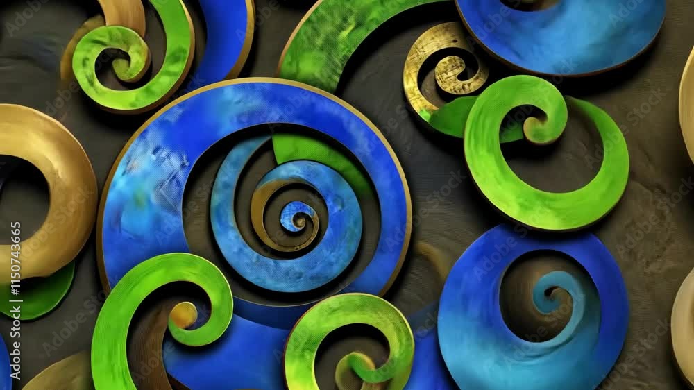 Poster swirling patterns of blue and green in a decorative artistic design displaying vibrant colors and in