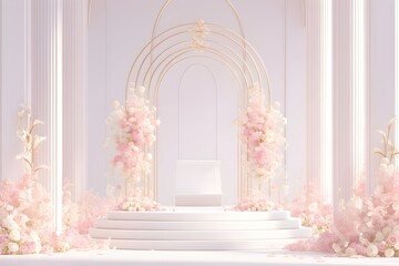 Elegant empty church or cathedral hall decorated with pink flowers for wedding ceremony. Beautiful venue for Christian wedding, baptism and religion event. Festive design with copy space