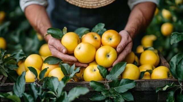 Bright yellow apples gathered in hands among fresh orchard fruits during harvest season