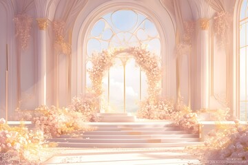 Fototapeta premium Elegant empty church or cathedral hall decorated with pink flowers for wedding ceremony. Beautiful venue for Christian wedding, baptism and religion event. Festive design with copy space
