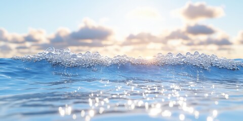 Close-up of ocean wave with bubbles and sunlight.