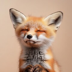 Fototapeta premium Adorable red fox cub with closed eyes and paws together in a meditative gesture.