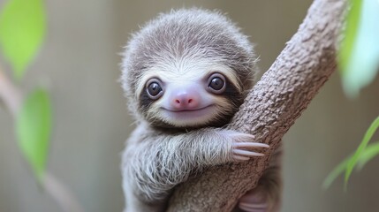 Naklejka premium Sloth resting on a tree branch in lush rainforest setting during daylight hours
