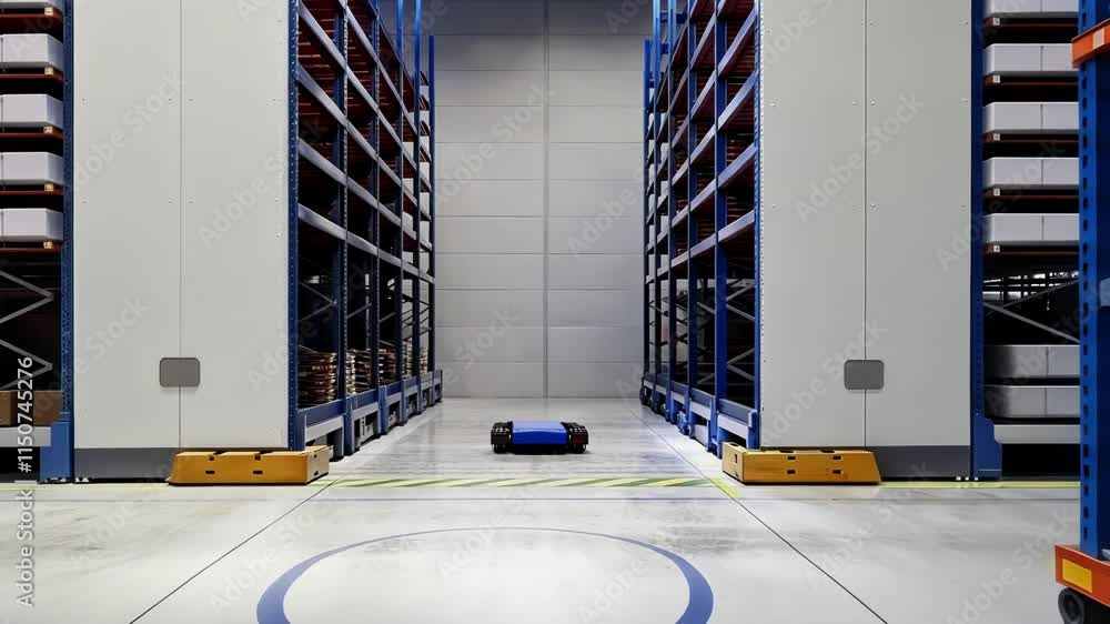 Poster a futuristic storage area with automated shelving systems using iot technology for inventory managem