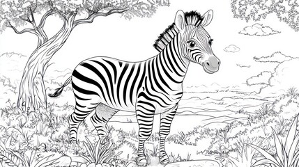 Cartoon Zebra Resting Under Tree - Children's Coloring Book Page