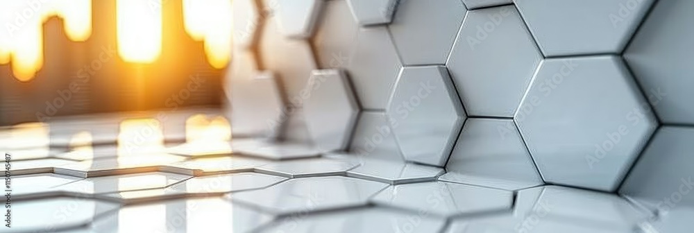 Poster close-up of hexagonal tiles reflecting sunlight, showcasing modern design elements.