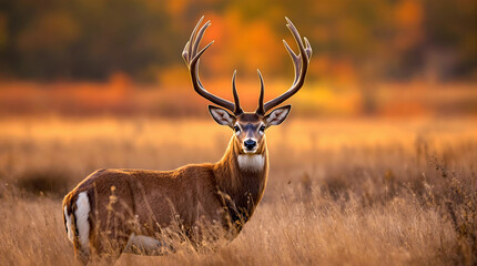 Majestic Deer with Antlers Standing in Golden Meadow at Sunset