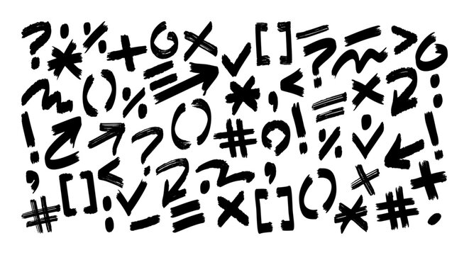 Different black brush stroke punctuation elements, marks, arrows and brackets isolated set