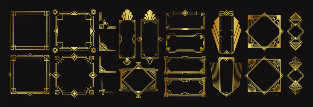 Naklejki Golden art deco frames luxury shining beautiful decoration design element in geometric style set