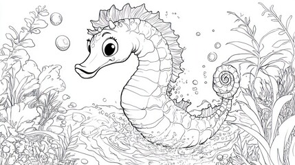 Fototapeta premium Colorful Cartoon Seahorse Splashing in Pond - Fun Coloring Book Page for Kids