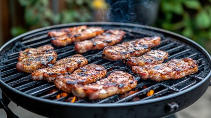 Grilled Meat Slices on Barbecue Grill in Outdoor Setting