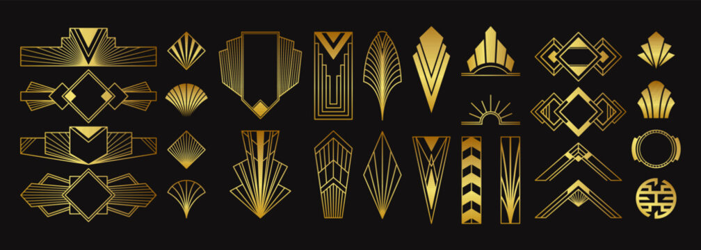 Naklejki Golden art deco elements, luxurious decorative ornaments, creative geometric dividers and borders