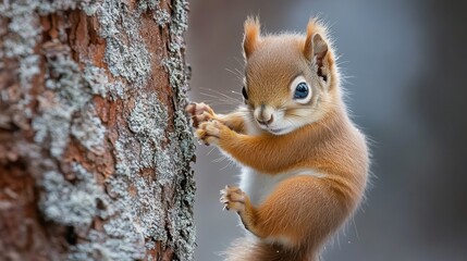Squirrel perched on a tree bark looking curiously at the camera in a forest setting