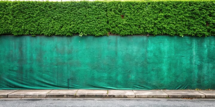 A Green Tarpaulin Covering a Wall with a Lush Hedge Above, Creating a Simple and Minimalist Background
