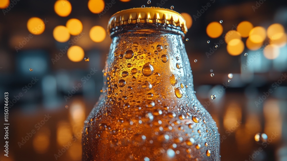 Poster refreshing beverage with droplets and bokeh background in dining setting during evening hours