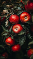 Obraz premium Fresh red apples hanging from a tree in an orchard during autumn harvest season