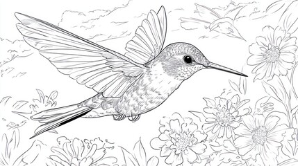 Obraz premium Hummingbird Playing in Meadow - Children's Coloring Book Page