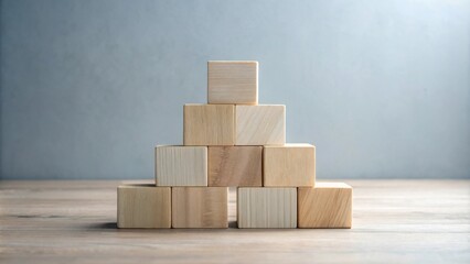 Wooden Blocks Arranged in a Pyramid Shape on a Wooden Table with a Gray Background