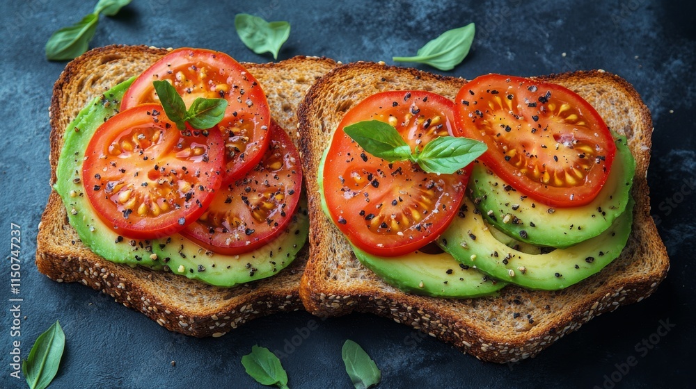 Poster avocado toast with cherry tomatoes and fresh basil on rustic table