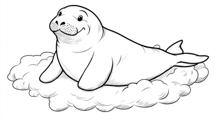 Cartoon Walrus Napping on Cloud - Children's Coloring Book Page