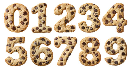 Chocolate chip cookies designed as a set of numbers for a fun dessert display, PNG file isolated on a transparent background. Set of biscuit snacks shaped like numbers in a creative food design.