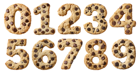 Chocolate chip cookies designed as a set of numbers for a fun dessert display, PNG file isolated on a transparent background. Set of biscuit snacks shaped like numbers in a creative food design.
