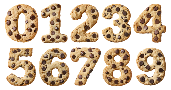 Chocolate chip cookies designed as a set of numbers for a fun dessert display, PNG file isolated on a transparent background. Set of biscuit snacks shaped like numbers in a creative food design.
