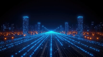 Fototapeta premium Futuristic cityscape with glowing blue lines and structures, evoking a digital landscape.