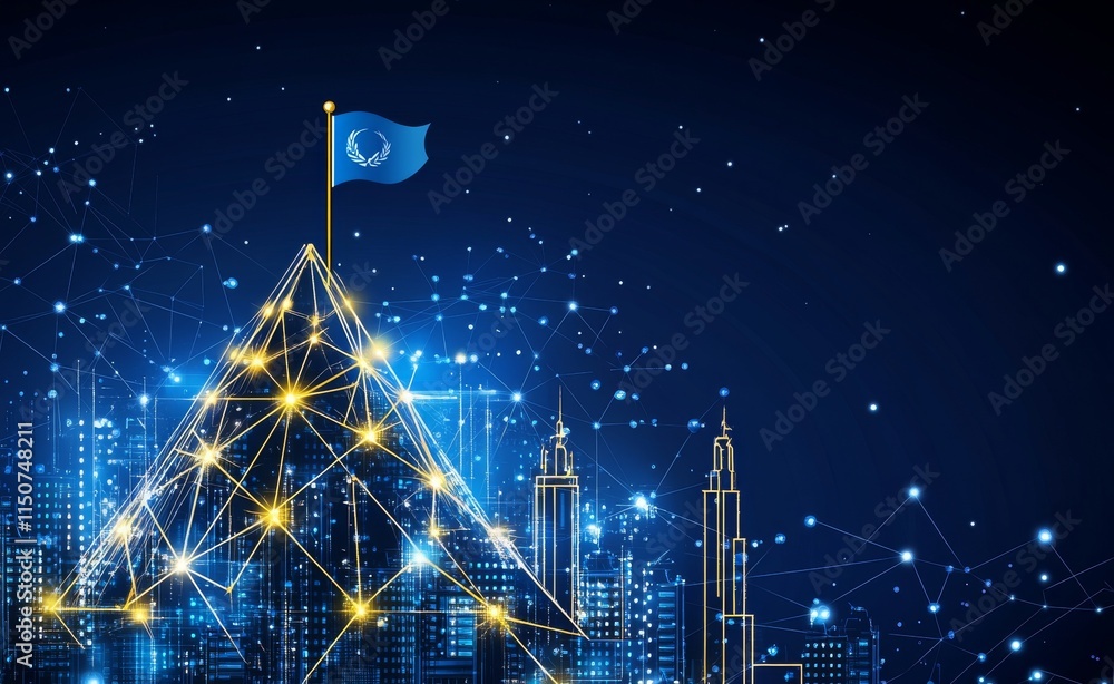 Poster a modern illustration of a mountain with a flag on its peak, using lines, triangles, and a particle 